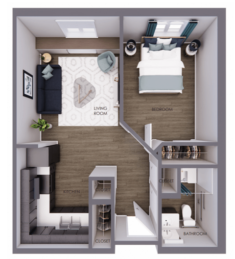 Floor plan for 1 bed, 1 bath, 537 sqft